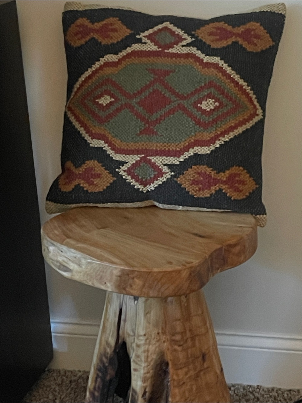 Handwoven Kilim Geometric Accent Pillow -cover Black with Green and Rust.